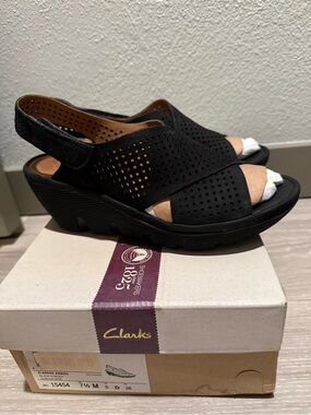 Clarks Black Perforated Slingback Wedge Sandals
